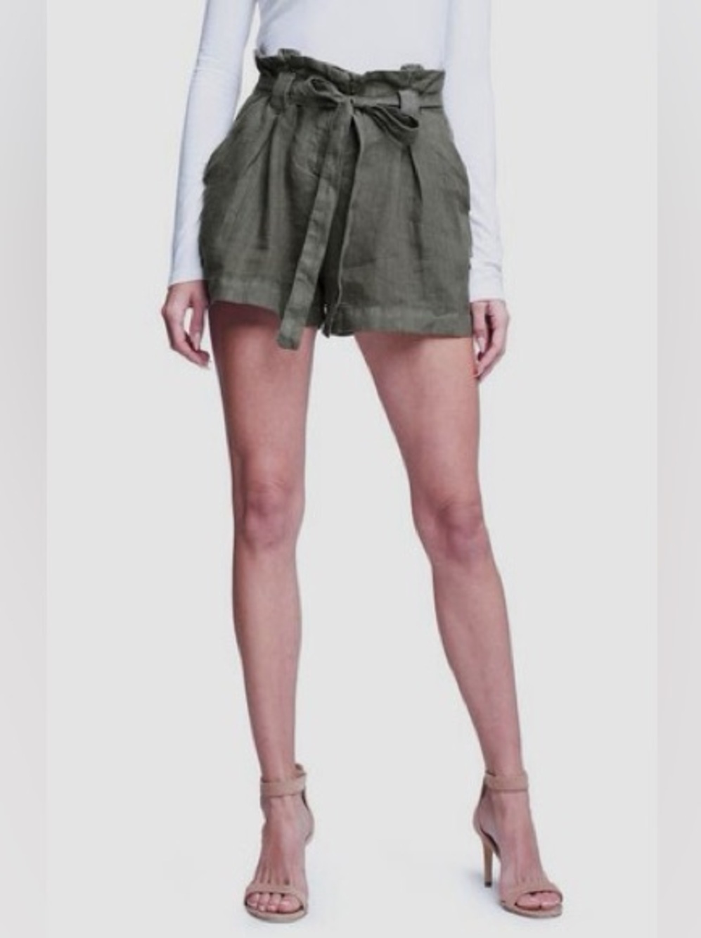 L'Agence Hillary paperbag shorts 27 4 olive green linen designer chic natural